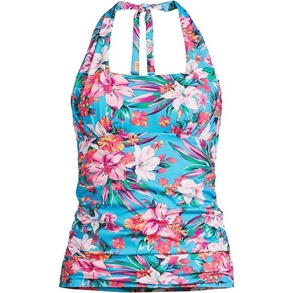 New Land’s End Plus size soft cup halter tankini Turquoise Lily Palm Print 26W - Picture 1 of 5